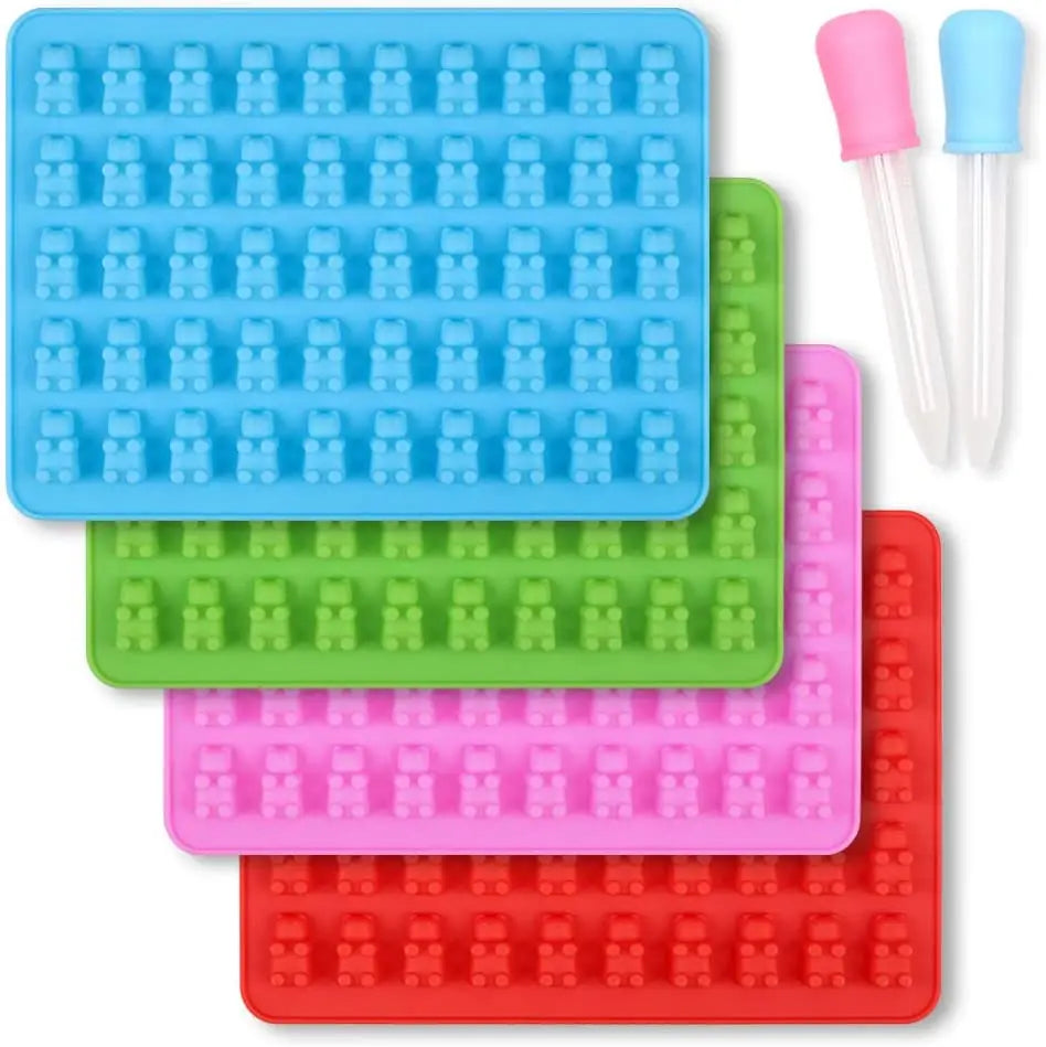 50 Cavity Silicone Gummy Bear Candy Chocolate Mold Non-Stick & Food Grade with Dropper for Home Kitchen Use