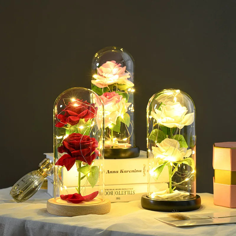 24K Gold Foil Rose Artificial Valentine's Day Decorative Flowers LED Light Lamp in Glass Dome Silk Material Packaged in Box