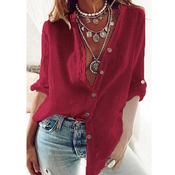 S-5XL Oversized Spring Cotton Linen Shirt Fashion Button up Women Shirts White Casual Loose Tops Solid Rollable Sleeve Top Blusa