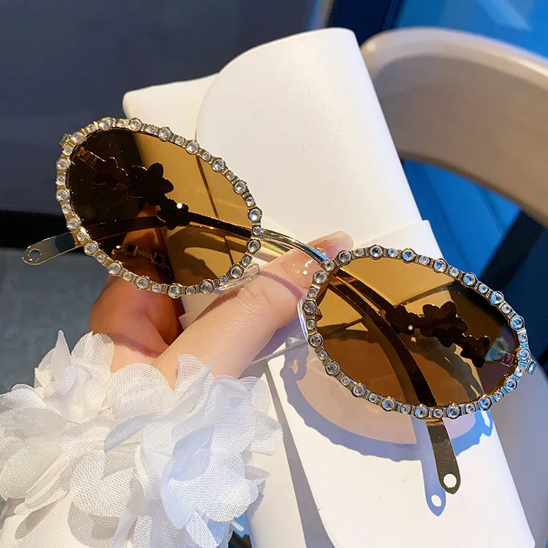 High Quality Metal Oval Frame Diamond Uv400 Shades Female Square Y2k Rhinestone Frame Ladies Diamond Spicy Girl Sunglasses