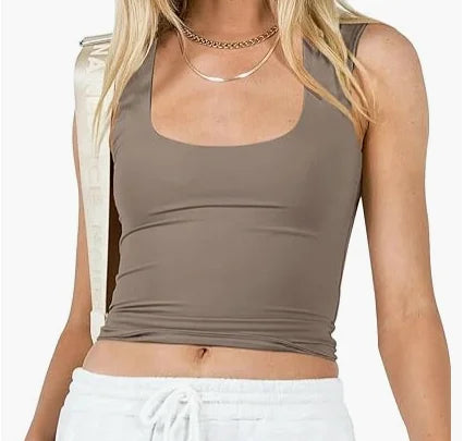 Womens Cropped Tank Tops Square Neck Double Lined Seamless Summer Sleeveless Crop Tops