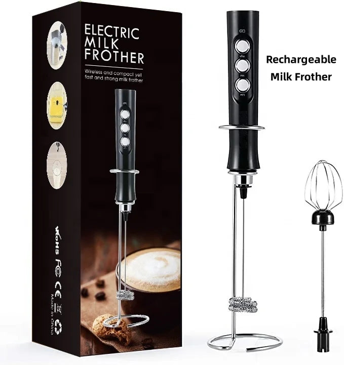 Wholesale Professional USB Rechargeable Electric Coffee & Tea Foam Maker 3 Speed Handheld Milk Frother with Stand