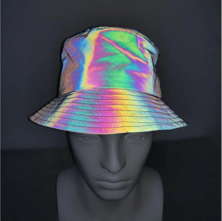 Custom logo Personality Fashion Hip Hop Street Style High Visibility rainbow Reflective Outdoor Activities Safety Bucket Hat