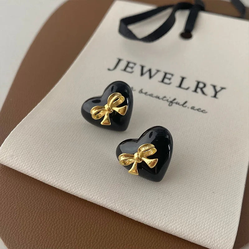 SC High Quality Cute Stud Earrings Girls Cubic Gold Bow Black Heart Bow Earrings Gold Plated 18k Jewelry