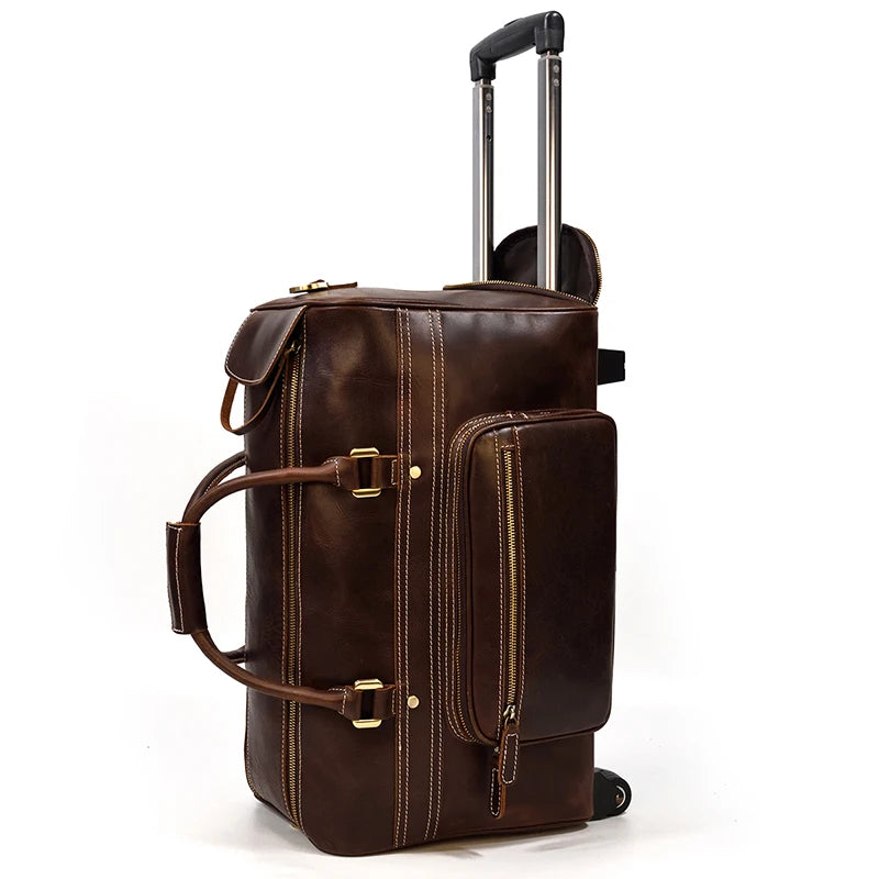 Classical Genuine Leather Men Duffle Traveling Bag With Wheel Trolley Case Large Capacity Weekend Bag
