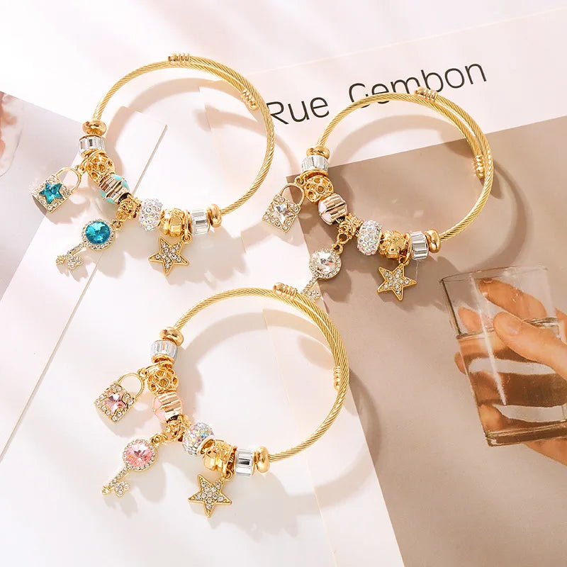 Crystal Beaded Gloden Alloy Bracelet Key Star Pendant Stainless Steel Charm Rhinestone Bangles Women Girls Jewelry Gifts