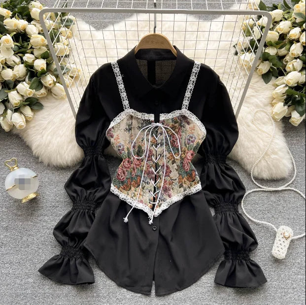 One Size New Design Feeling Retro Pattern Strap Wearing Small Vest Medium Length A-line Poached Shirt Skirt 2-piece Set