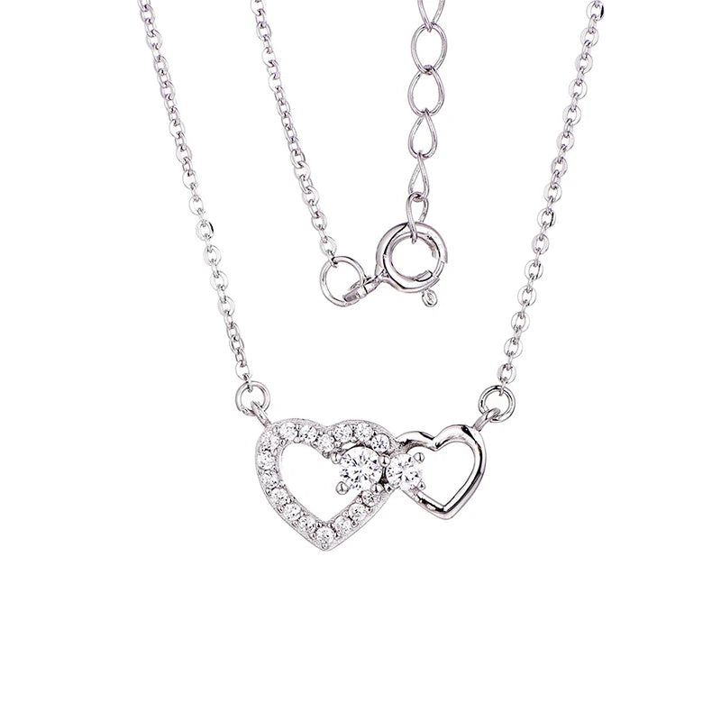 Fine Jewelry New Factory Supply 925 Sterling Silver Double Heart Rhinestone Heart Charm Necklace for Wife Girls Daughter