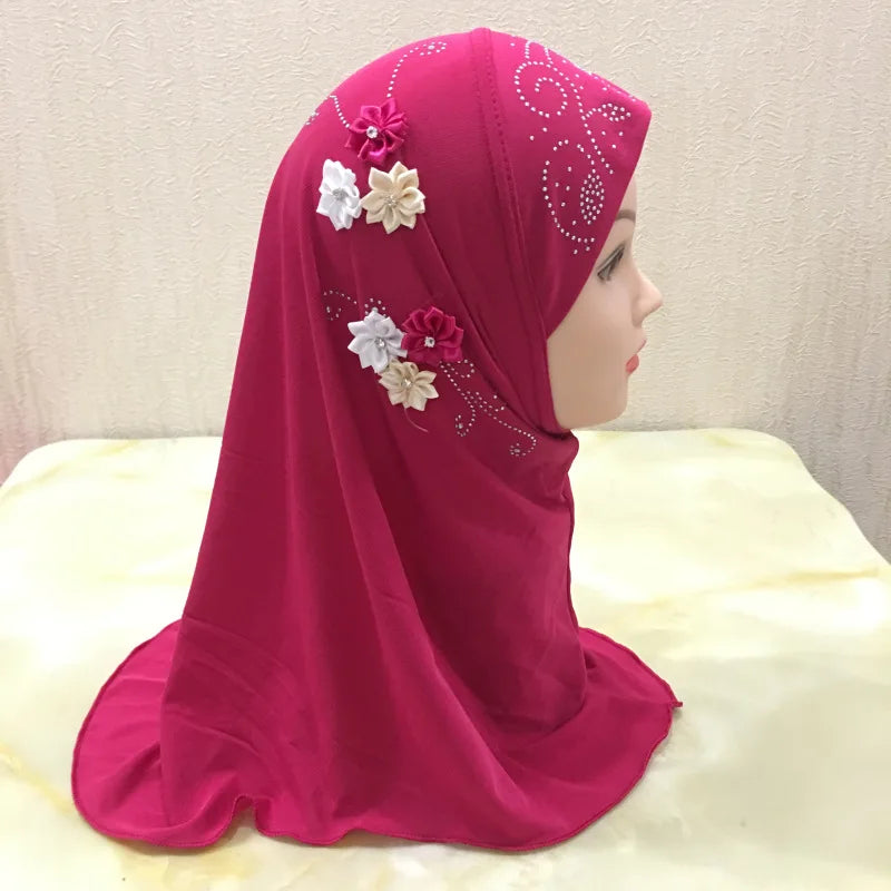 Beautiful 6 Flowers Beads Plaid Pattern Muslim Hijab Scarf Cap Headband for Women & Girls