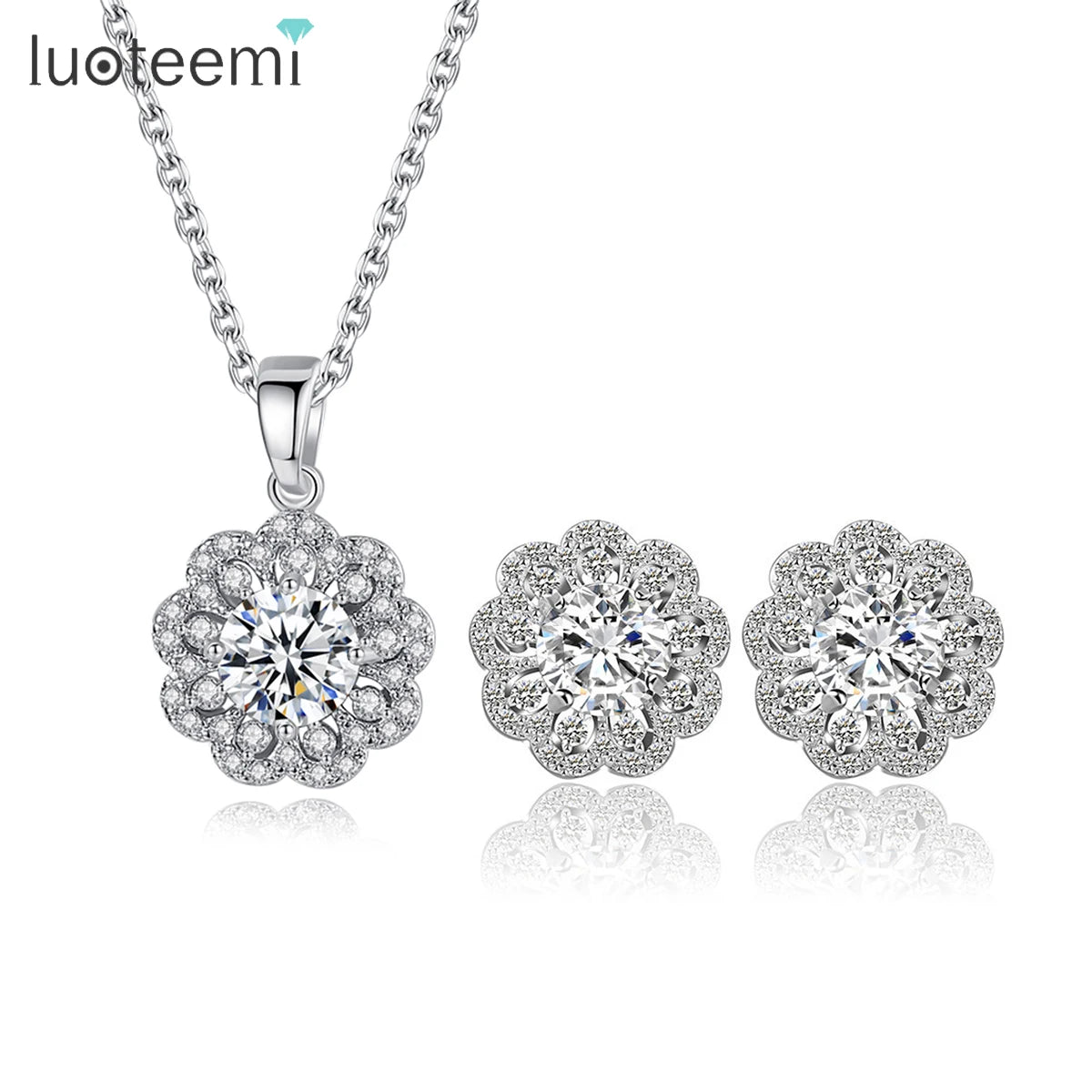 LUOTEEMI China Wholesale Brass Material Rhodium Plated Earrings and Necklace Women Jewelry Set Flower CZ Accessories Sets