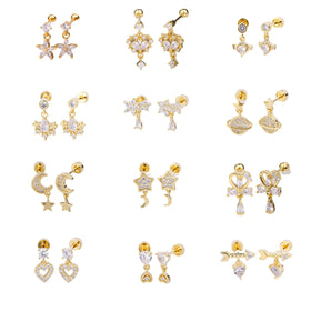 18k Gold Plated Piercing Jewelry Women Accessories Pendientes Zirconium Hanging Studs Heart Moon Star Pendant Dangle Earrings