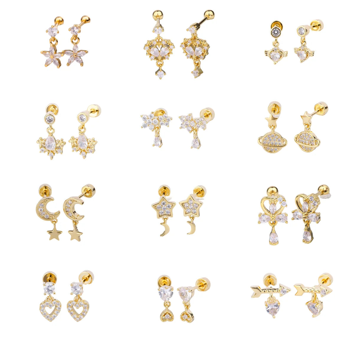 18k Gold Plated Piercing Jewelry Women Accessories Pendientes Zirconium Hanging Studs Heart Moon Star Pendant Dangle Earrings