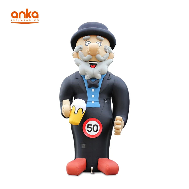 Custom Giant Inflatable Old Man Figure for 50th Birthday Party Outdoor Cartoon Gentleman Mascot with Beer Prop Anka Inflatables