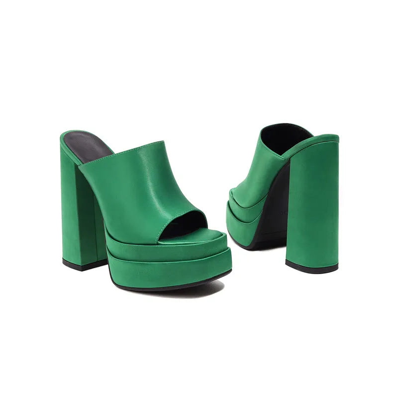 Mules Femme 16cm Fashion Candy Colour Satin Platform Casual Sandals Shoes Slip-on Open Toe Chunky High Heeled Mules for Women