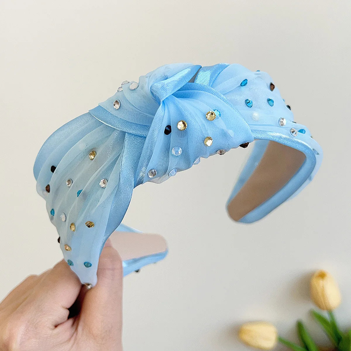 2025 Trendy Korean Cross Knotted Rhinestone Headband Solid Colors Hair Accessory for Women Made of Ribbon