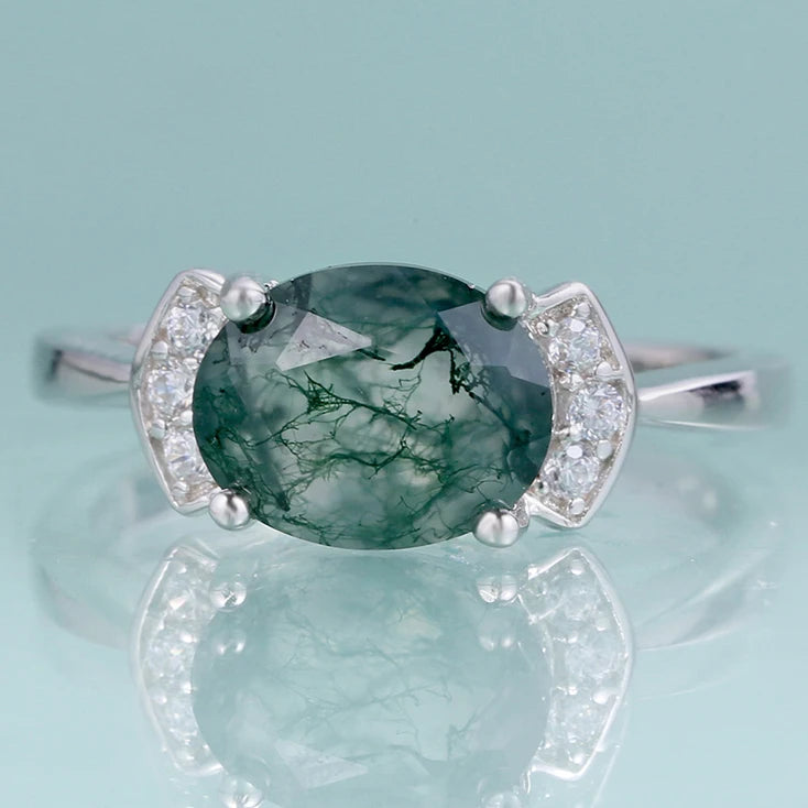 A2058 Large Production Capacity 925 Sterling Silver Natural Green Gemstone Bulk Lots Round Moss Agate Unisex Ring