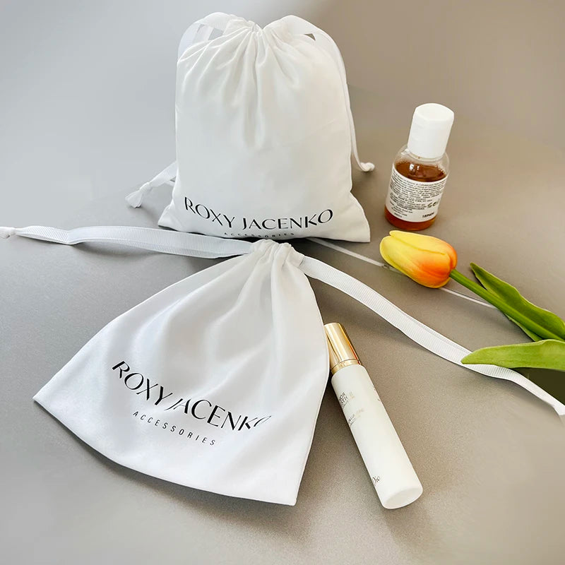 Wholesale Custom White Satin Drawstring Bags With logo for Hair Bundles