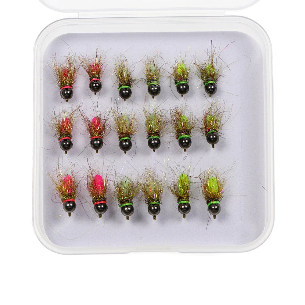 18pcs/Box Fast Sinking Wet Euro Nymph Fly Barbed Tungsten Beadhead Jig Nymph Fly for Trout Fishing Lures Baits #12 #14 #16