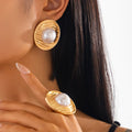 Trendy Inlay Imitated Pearl Round Metal Earrings Ring Set for Women Elegant Lady Fashion Stud Earrings Accessories Jewelry Gifts