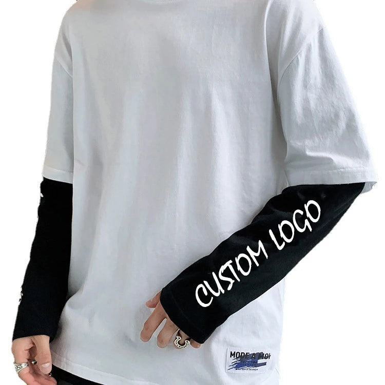 Custom Logo Letter Printed Casual Round Neck T-shirt Drop Shoulder Patch Long Sleeve 100% Cotton Mens T Shirt