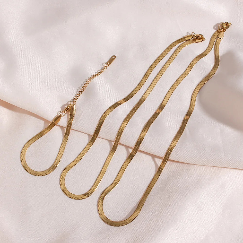 Popular Tarnish Free 18K Gold Plated Stainless Steel Jewelry Set Snake Chain Necklace Bracelet Set Herringbone Chain Necklace