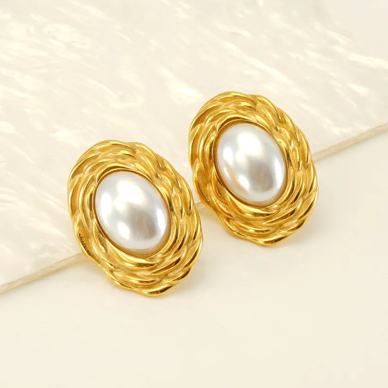 Beimai OEM Gold Vintage Braided Stainless Steel Pearl Women's Stud Earrings