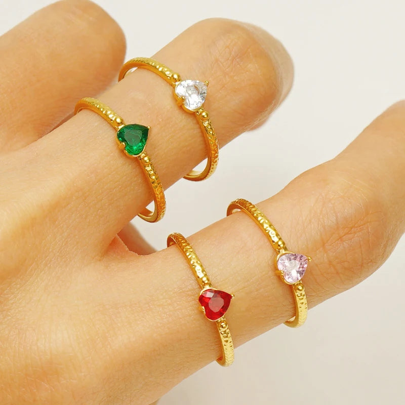 DAIHE Waterproof Stainless Steel Zircon Rings 18k Gold-Plated Opening Adjustable Heart Rhinestone Ring
