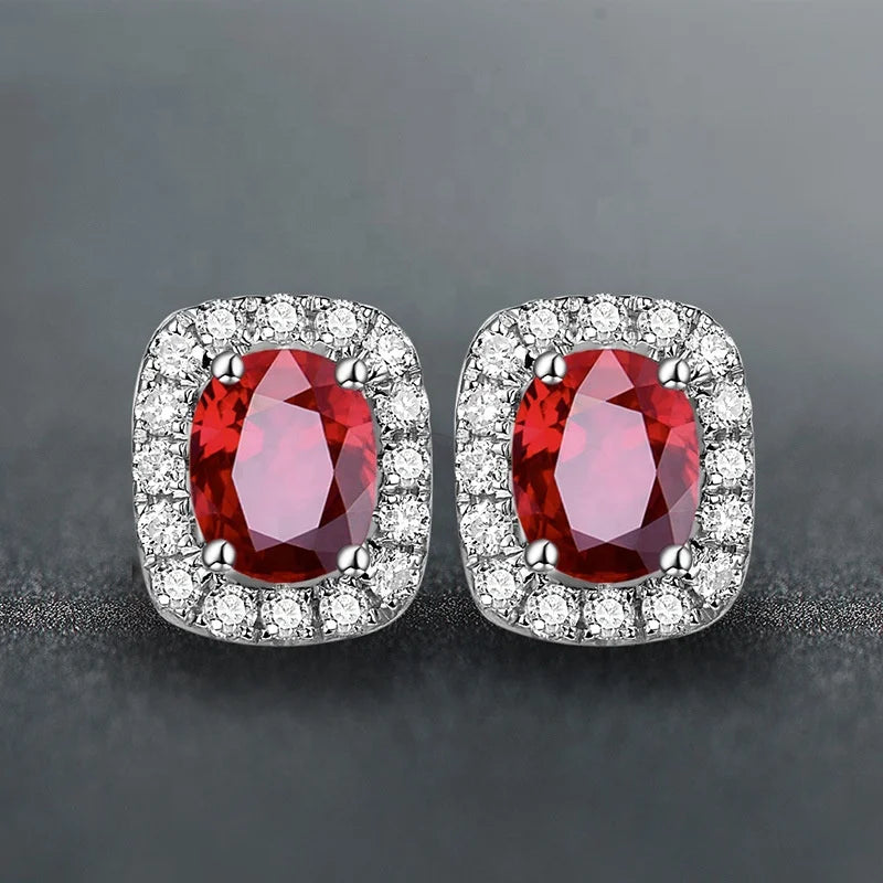 Jachon Luxury Oval Shaped Ruby Stud Earrings Cubic Zirconia Stones Women Zircon Diamond Earring Jewelry