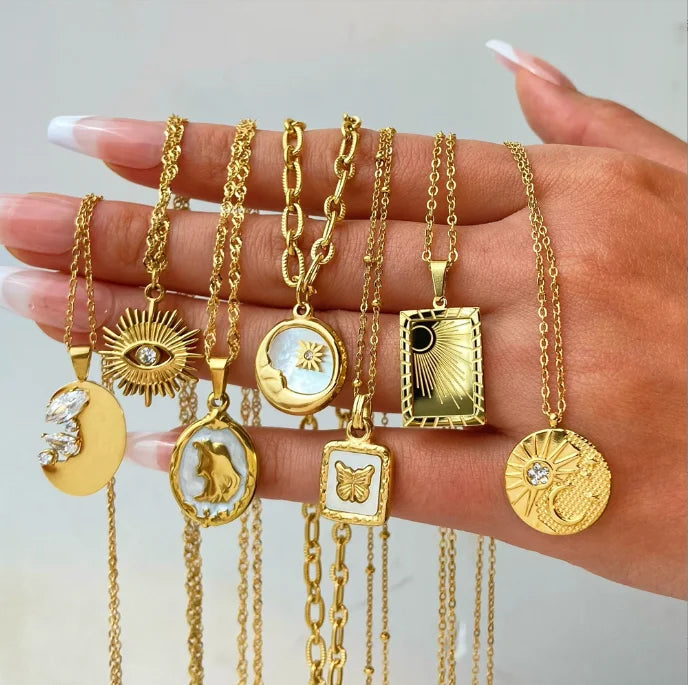 Stainless Steel Waterproof Gold Color Crystal Eye Pendant Necklace Women Girl Jewelry Butterfly Moon Hip Hop Necklace