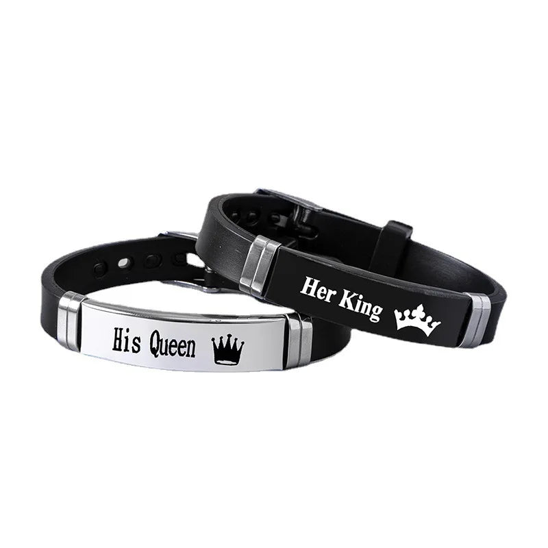New Arrival Fashion Charm Bracelets 'His Queen Her King' Engraved Silicone Crown Couple Bracelet Set