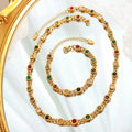 Nickel Free Water Proof 18K Gold Plated Stainless Steel Rainbow CZ Setting Oval Link Chain Bracelet Necklace Set for Ladies