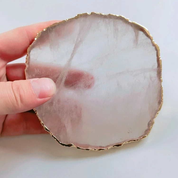 Hongzhuo Natural pink Rose Crystal Quartz coaster with Gold Crafts