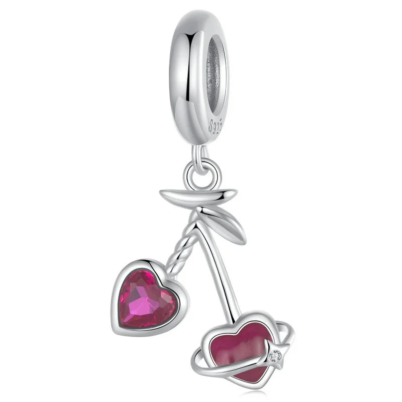 New Arrival 925 Sterling Silver Forever Love Heart Charm Red Cherry Pendant Love Bead Fit Bracelet Necklace DIY Family Gift