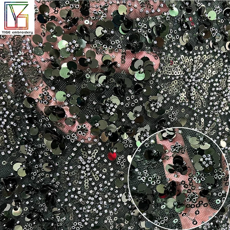 Luxury Bridal Tulle Lace Heavily Beaded Wedding Dress Fabrics Dark Green Color Sequins Embroidery Fabric African Lace Fabric