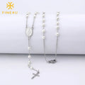 Long Pearl Stainless Steel Virgin Mary Christian Jesus Cross Pendant Divine Mercy Rosary Beads Necklace