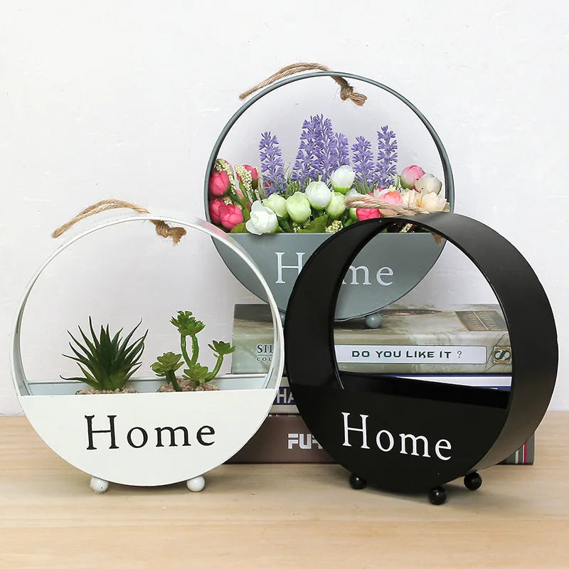 Creative Instagram Round Plant Holder Living Room Unique Iron Flowerpot With Rope