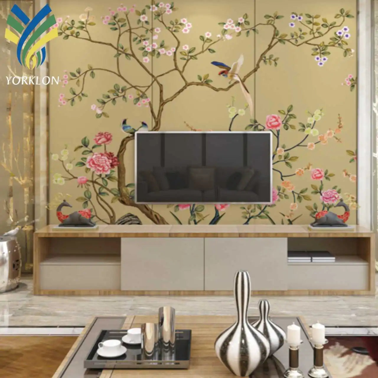 YKMC 213 Custom Modern Luxury 3D Home Decoration Mural Flowers and Birds Chinoiseris Wallpaper Waterproof Fabric Wall Paper