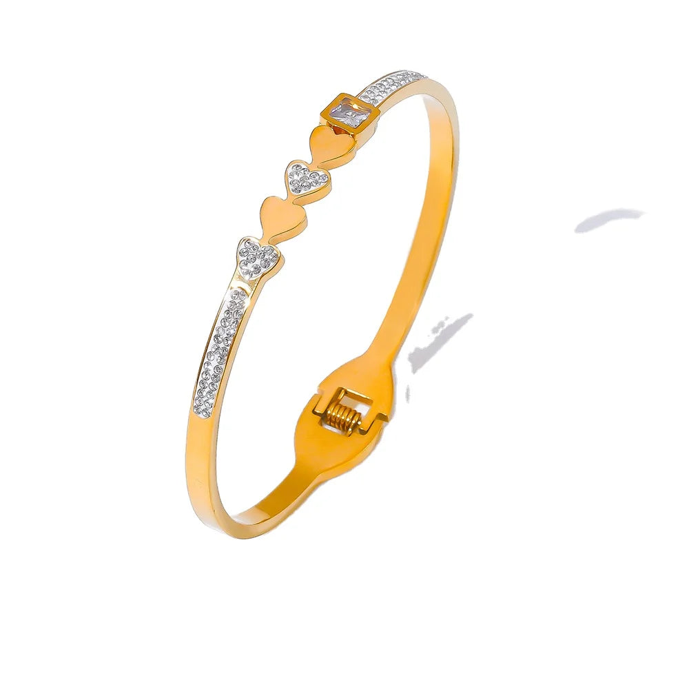 Romantic French Style Zircon Inlaid 18K Gold Plated Stainless Steel Geometric Heart Bracelet for Women Jewelry Gift