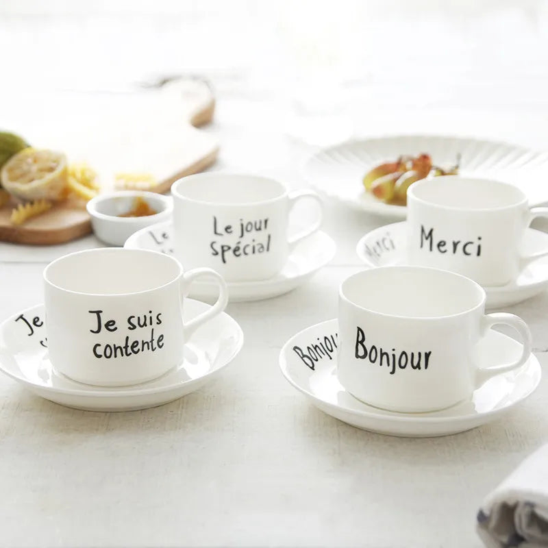 Solhui Bonjour Merci French Ceramic Coffee Mug Alphabet Coffee Cup Saucer Set