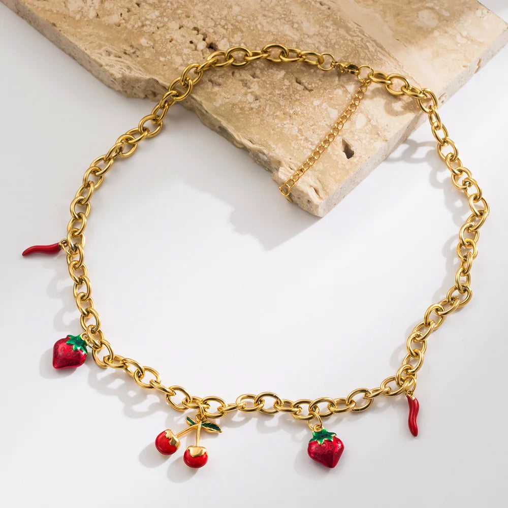 Simple Fashionable Stainless Steel Pendant Charm Necklace Red Cherry Strawberry Design Luxury 18k Gold Chain Jewelry As Gift