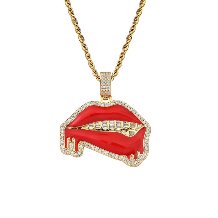 Trendy Hip Hop Biting Lips Gold Tooth Design Iced Out CZ Diamond Brass Link Chain Gold Plated Necklace for Men