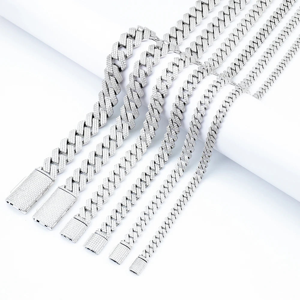 Hip Hop Jewelry 925 Sterling Silver Moissanite Cuban Chain8mm 10mm 12mm 14mm 18mm 20mm Miami  Cuban  Necklace  Chain
