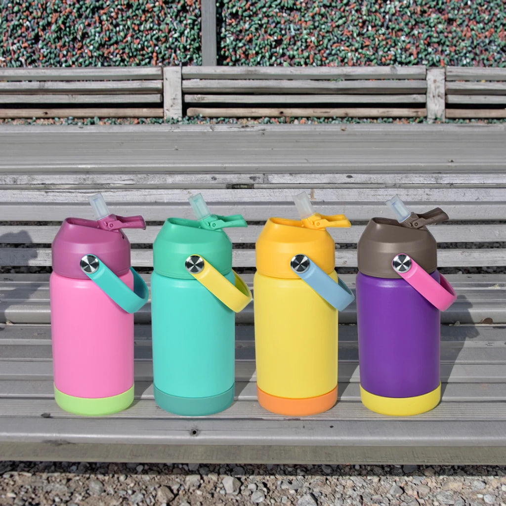 Stainless Steel Bottle Wholesale 6-12 Years 12oz Stainless Steel Vacuum Flask Luxury Kids Flip Straw Top Anti-slip Rubber Bottom