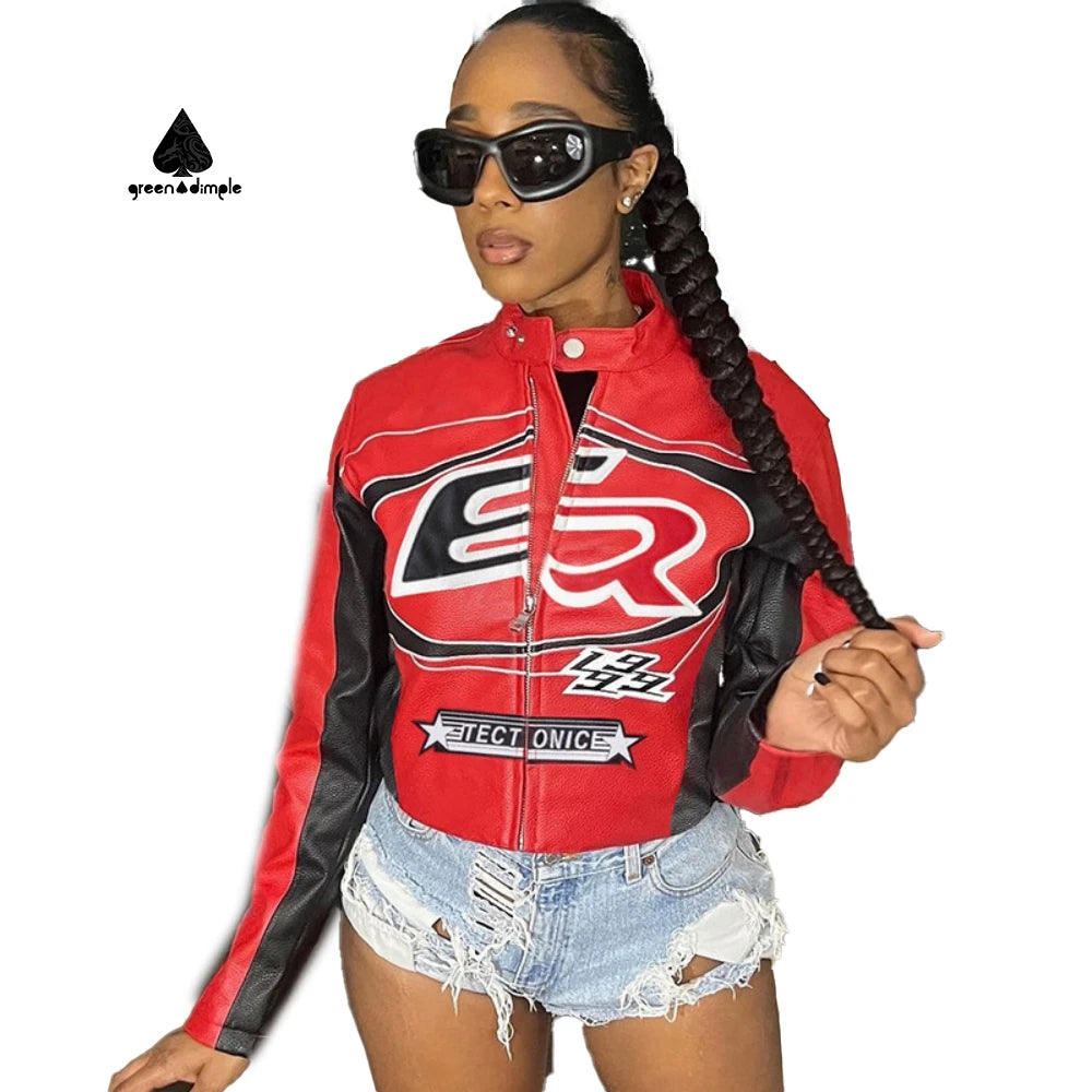 Custom Designer Women's Stylish Autumn Fashion PU Leather F1 Motorcycle Jacket Printed Long Sleeve Casual Varsity F1 Jackets