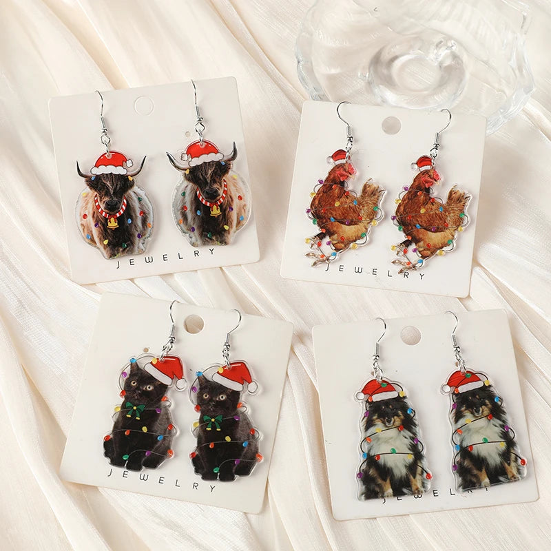 1Pair Christmas Animals Woman Dangle Earrings Acrylic Chicken Dog Cow With Light Bulb Drop Earrings for Girl Birthday Gift