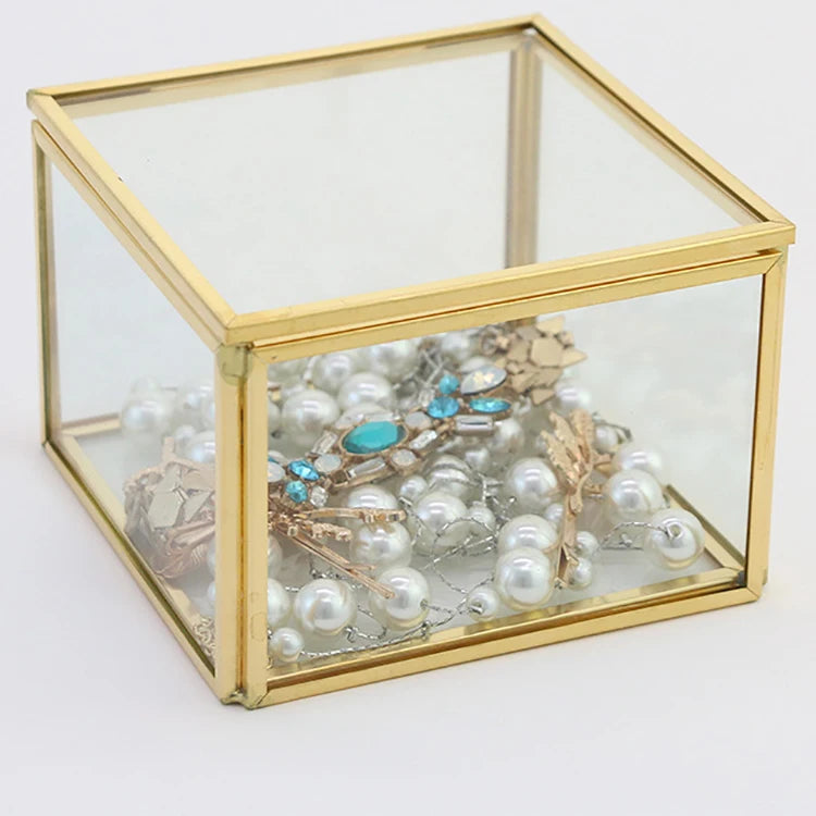 Wedding Rings Jewelry Storage Display Box Geometric Glass Storage Box Copper Edge Vintage Square Clear Glass Jewelry Box