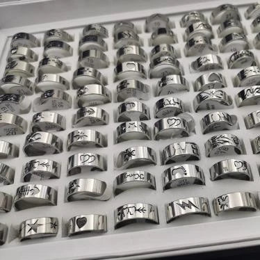 Fashion Jewelry Stainless Steel Finger Ring Plated Mixed Ring Size Silver Color US Ring Size:11-16 100PCs/Box 1449140