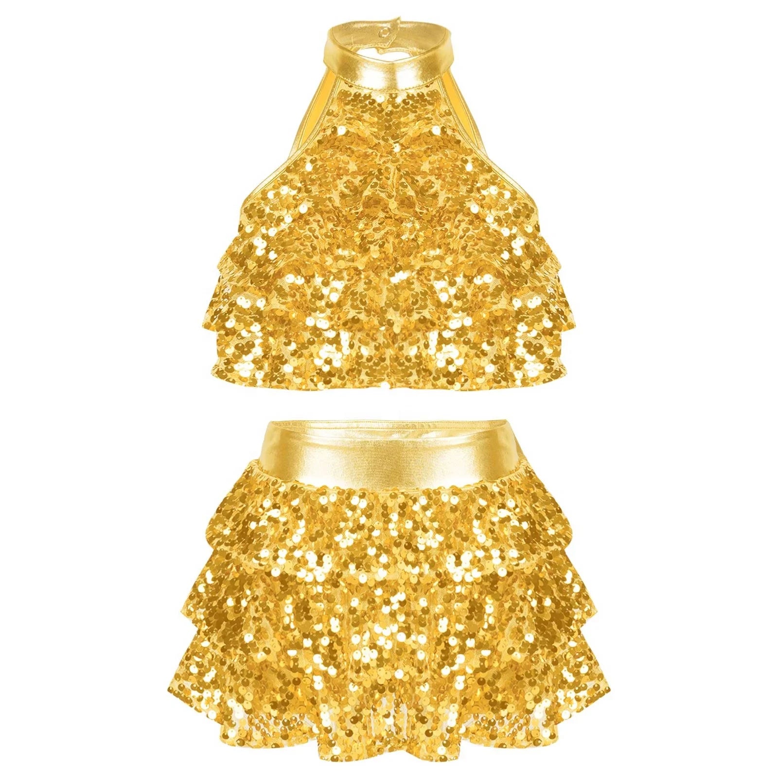 Newest Kids Girls Stylish Clothing Sleeveless Round Collar Backless Shiny Sequins Tiered Crop Top Elastic Waistband Skirt Set
