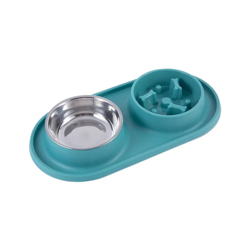 Customized Eco-Friendly Stainless Steel Plastic Non Slip Anti Knock Replaceable Double Silicon Portable Pet Bowl Slow Feed Dog