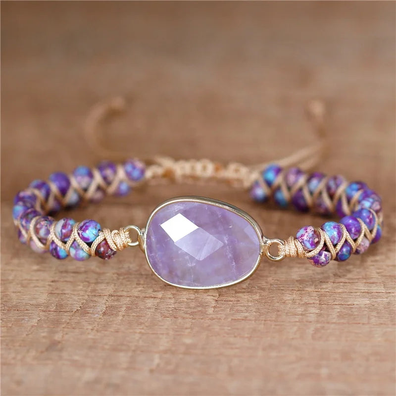 Purple Natural Stone Amethyst Charm Jasper Beads Braided Bracelet Yoga Macrame Women Wrap Bracelet Lovers Gift Jewelry Wholesale